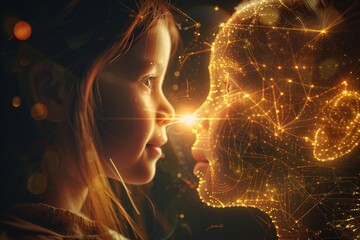 Canvas Print - Enigmatic face to face digital interaction in a glowing futuristic environment exploring themes of connection technology and human emotions