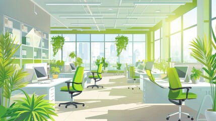 Wall Mural - Modern Office Interior Design with City View and Green Plants