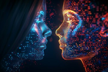 Canvas Print - Face to face digital interaction in a glowing cybernetic environment exploring themes of connection technology and human emotions