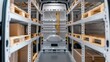 © MNFTs - Interior of a delivery van showcasing spacious shelving for organizing packages and sorting items efficiently.