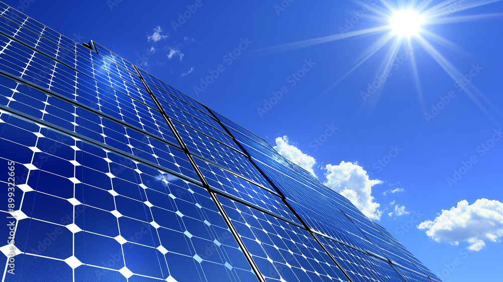 Solar panel system using clean energy under the bright sunlight, blue ...