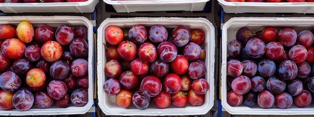 Wall Mural - Plums in boxes on a store counter. Selective focus.