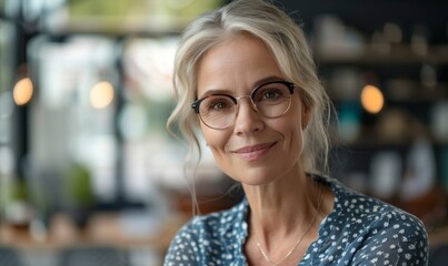 Wall Mural - Happy mature middle 60s aged smiling lady boss manager teacher talking to assistant or student meeting in office space. Team leader portrait of company team working together in modern, Generative AI