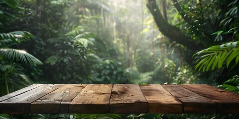 Wall Mural - Natural Wooden Table in Lush Forest Backdrop Empty Display for Product Concepts