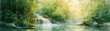 © Naput - Serene bamboo forest with sunlight filtering through, small waterfall cascading into a crystal-clear pond, peaceful atmosphere, watercolor, soft greens and blues