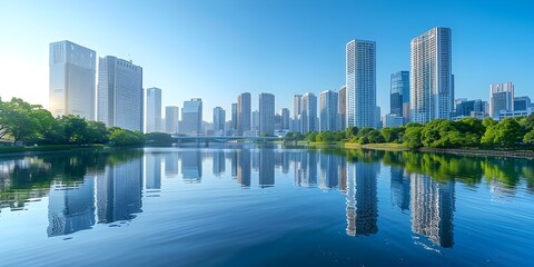 Sticker - Majestic Cityscape Reflected in Serene River Towering Skyscrapers Mirrored in Tranquil Waters