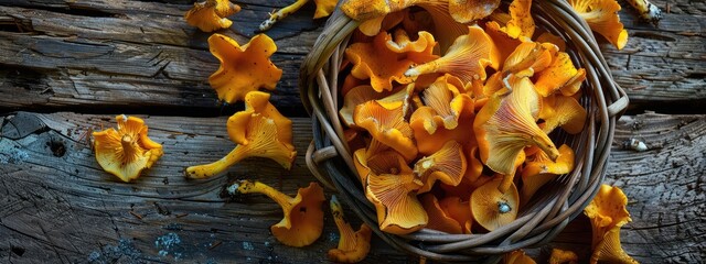 Chanterelle mushrooms in a basket. Selective focus.