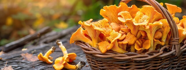 Sticker - Chanterelle mushrooms in a basket. Selective focus.