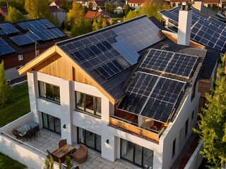 Close-up of a new suburban house with a photovoltaic system on the roof. Simple and modern environmentally friendly house with solar panels on the gable roof, with sunlight during the day