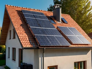 Close-up of a new suburban house with a photovoltaic system on the roof. Simple and modern environmentally friendly house with solar panels on the gable roof, with sunlight during the day