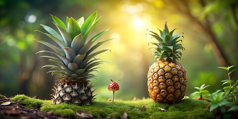 Wall Mural - pineapple with mushrooms and ladybug on the forest floor Generative By AI