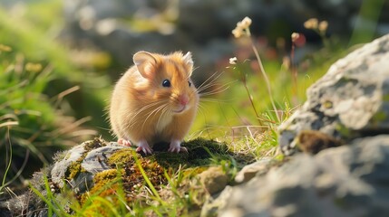 Curious Hamster Exploring Rocky Terrain Amid Lush Green Grass