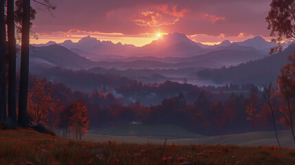 Wall Mural - Misty Mountain Valley at Sunset..