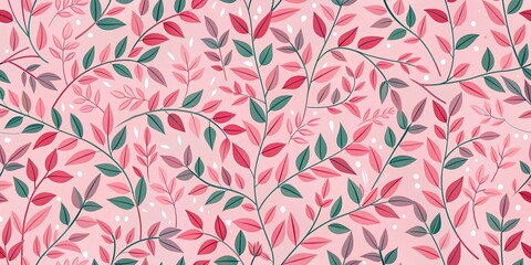 Poster - Pink floral seamless pattern with branches leaves and vines AI-Created Content