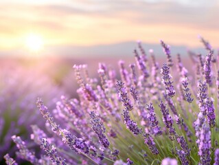 Wall Mural - A vast lavender field at sunset, with mountains in the background