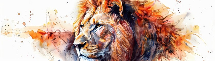 Majestic Lion A watercolor portrait of a lions face, capturing its regal presence and fiery mane