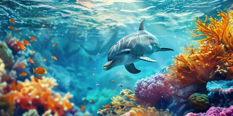 Wall Mural - beautiful dolphin underwater. Selective focus.