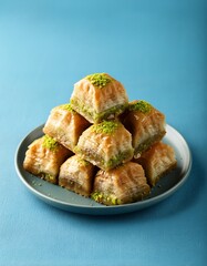 Turkish dessert pistachio baklava or kuru baklava on blue background