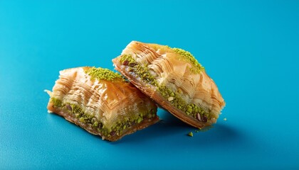 Turkish dessert pistachio baklava or kuru baklava on blue background