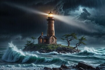 Wall Mural - a  lighthouse standing tall amidst a raging storm, on a small island. The lighthouse's strong bright, warm light cuts through the dark, foreboding atmosphere, its beam piercing the veil of mist.