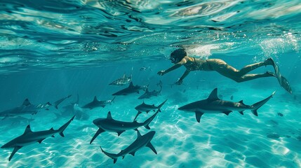 Poster - Person swimming with sharks in clear water 