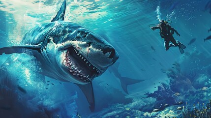 Wall Mural - majestic megalodon shark encounter brave diver explores ancient depths underwater adventure digital painting 