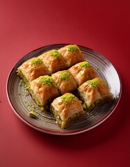 Wall Mural - Turkish dessert pistachio baklava or kuru baklava on red background