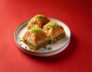 Wall Mural - Turkish dessert pistachio baklava or kuru baklava on red background