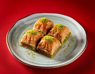 Turkish dessert pistachio baklava or kuru baklava on red background