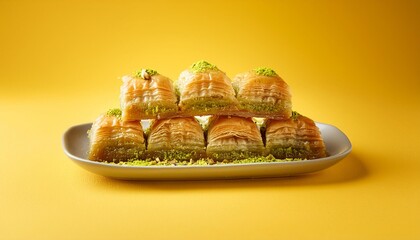 Wall Mural - Turkish dessert pistachio baklava or kuru baklava on yellow background