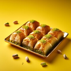 Wall Mural - Turkish dessert pistachio baklava or kuru baklava on yellow background