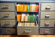 © Adisorn - A neatly arranged file cabinet with labeled folders and stacks of neatly organized documents, showcasing perfect office organization and storage efficiency.