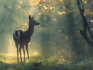 Poster - Graceful Deer in Misty Woodland Bathed in Soft Dawn Light