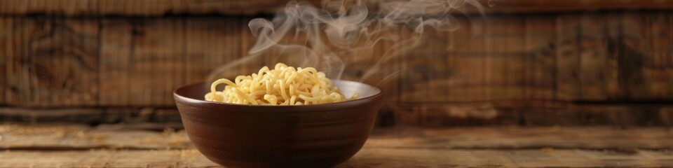 Aufkleber - A steaming bowl of instant noodles rests on a wooden table, emitting delicious aromas that invite enjoyment and warmth. Generative AI
