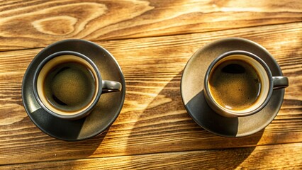 Wall Mural - Top view of empty and full coffee cups on wooden table