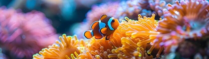 Wall Mural - Clownfish Hiding Among Vibrant Anemones in a Thriving Coral Reef Marine Ecosystem