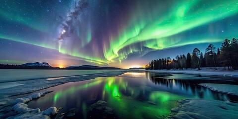 nighttime shot of northern lights over frozen lake, aurora borealis, winter, ice, reflection, tranqu