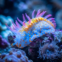 Poster - Intricate and Captivating Nudibranch Crawling on a Vibrant Coral Reef  Showcasing the Beauty and Diversity of Underwater Ecosystems