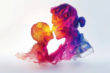 Sticker - Artistic digital representation of parent and child in a colorful futuristic environment symbolizing love and connection