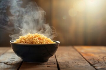 Aufkleber - Steaming instant noodles rest in a dark bowl on a wooden table, creating a cozy and inviting ambiance perfect for a quick meal. Generative AI