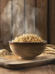 Aufkleber - A steaming bowl of flavorful instant noodles rests on a wooden table, inviting warmth and comfort in a cozy kitchen environment. Generative AI