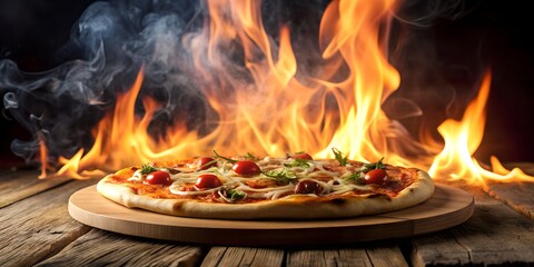 Wall Mural - Pizza with smoke and fire effects in the background Generative AI