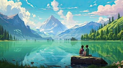 Wall Mural - A couple and their dog sitting on the edge of an emerald green lake 