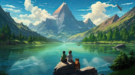 Sticker - A couple and their dog sitting on the edge of an emerald green lake