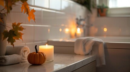 A minimalist bathroom with an autumn-scented candle and a small pumpkin on the counter