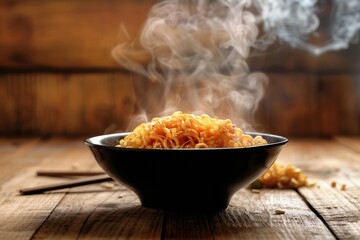Aufkleber - A bowl of instant noodles emits steam while resting on a rustic wooden table, inviting a warm and delicious meal experience. Generative AI