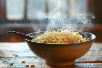 Aufkleber - A bowl of steaming instant noodles rests on a wooden table, inviting warmth and comfort in a cozy setting. Generative AI
