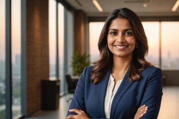 Head shot portrait close up smiling confident beautiful Indian businesswoman standing in modern office room with arms crossed, successful executive team leader mentor posing for corporate photo