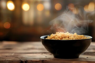 Aufkleber - A steaming bowl of instant noodles rests on a wooden table, inviting warmth and comfort in a welcoming restaurant atmosphere. Generative AI