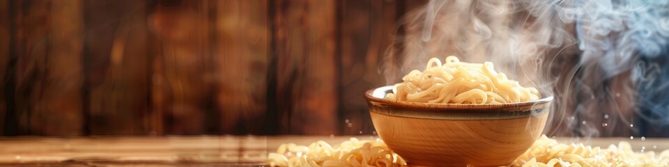 Aufkleber - A bowl of steaming instant noodles sits on a wooden table, inviting and ready to be savored. Generative AI